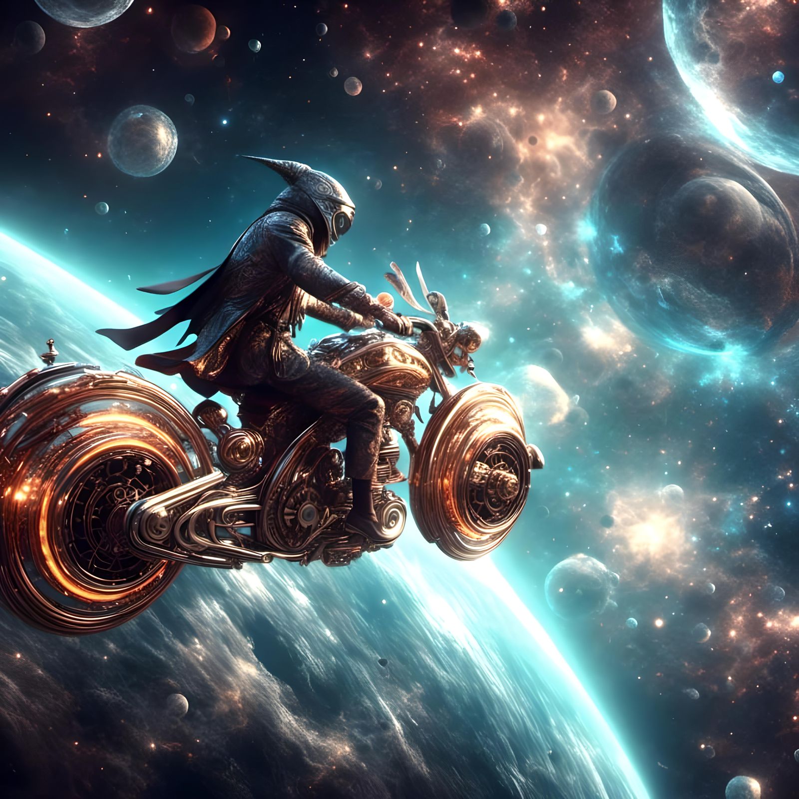 Wizard Rides Motorcycle Through Space in 3D