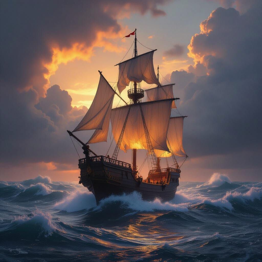 Ethereal Ship on Tempestuous Sea Under Dramatic Sky