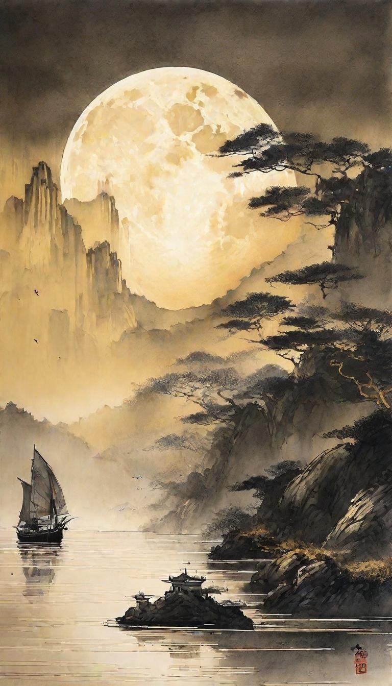 Epic Ship on Lake in Chinese Ink Painting