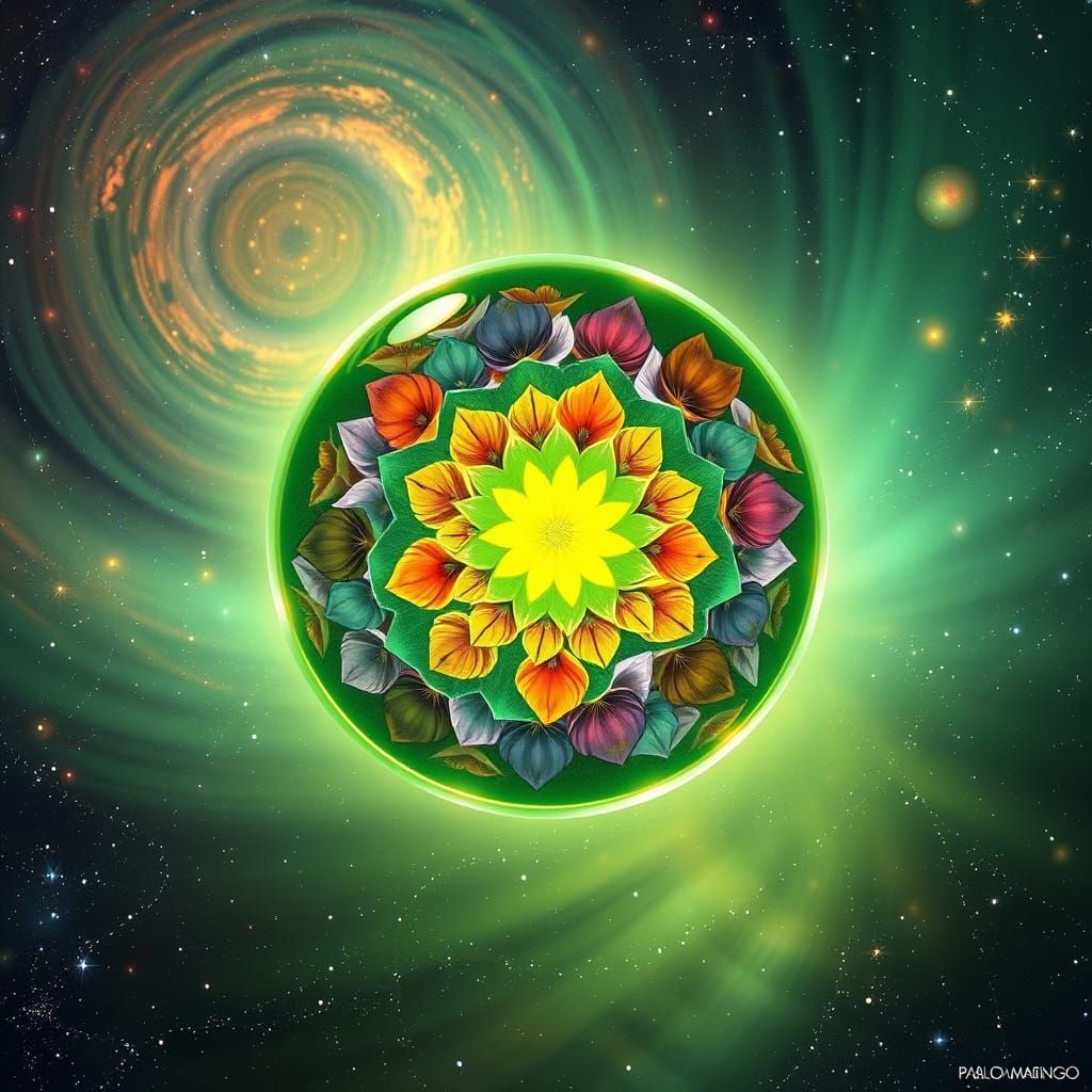 Green Crystal Ball With Colorful Petals in Cosmic Expanse