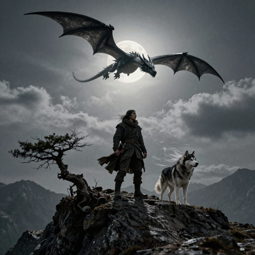 Husky and Rogue on Mountain Peak Under Full Moon