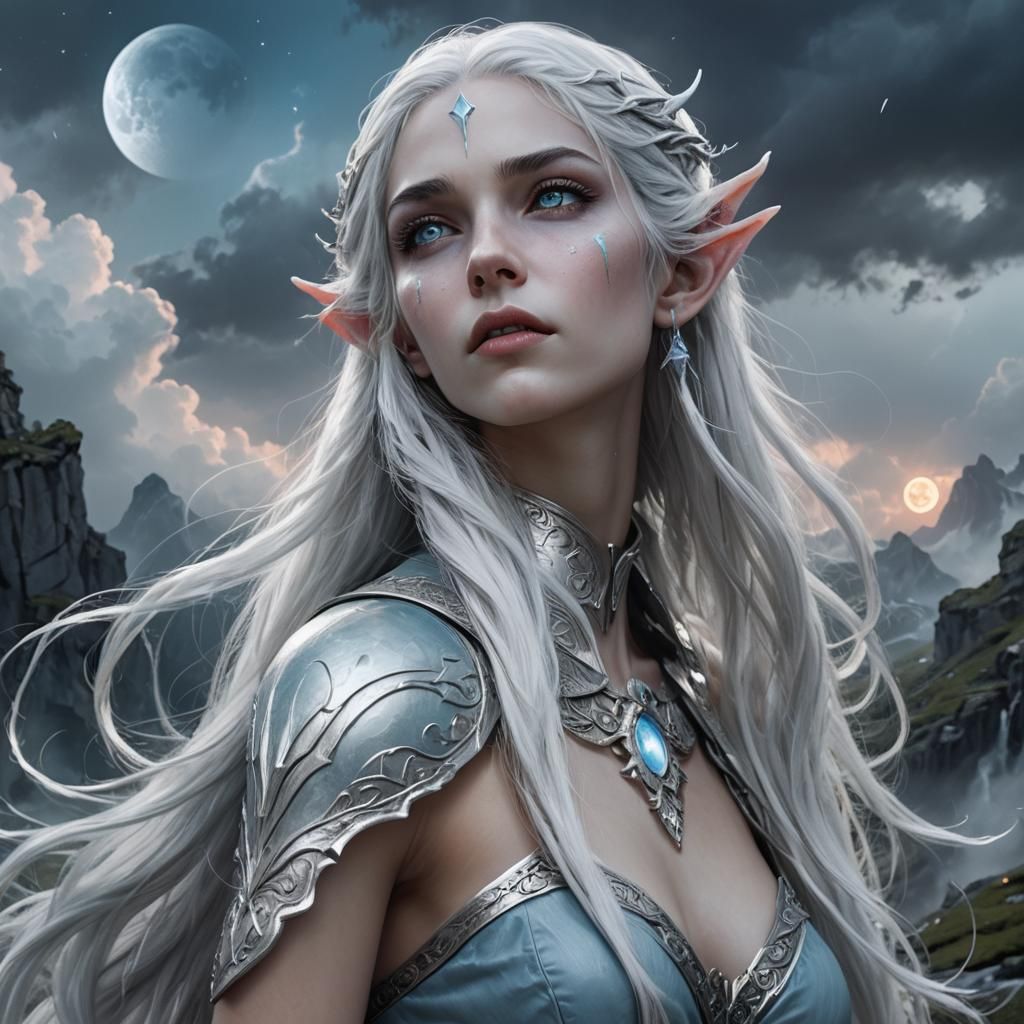 Hyperrealistic Moon Elf with Flowing White Hair