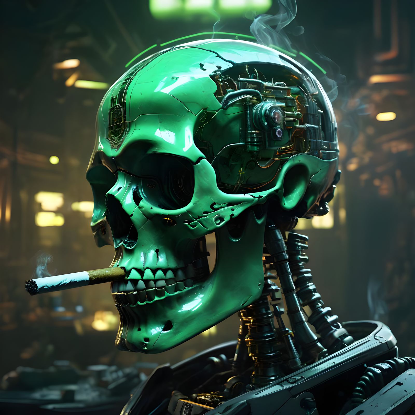 Cybernetic Skull Smoking: Detailed Matte Painting