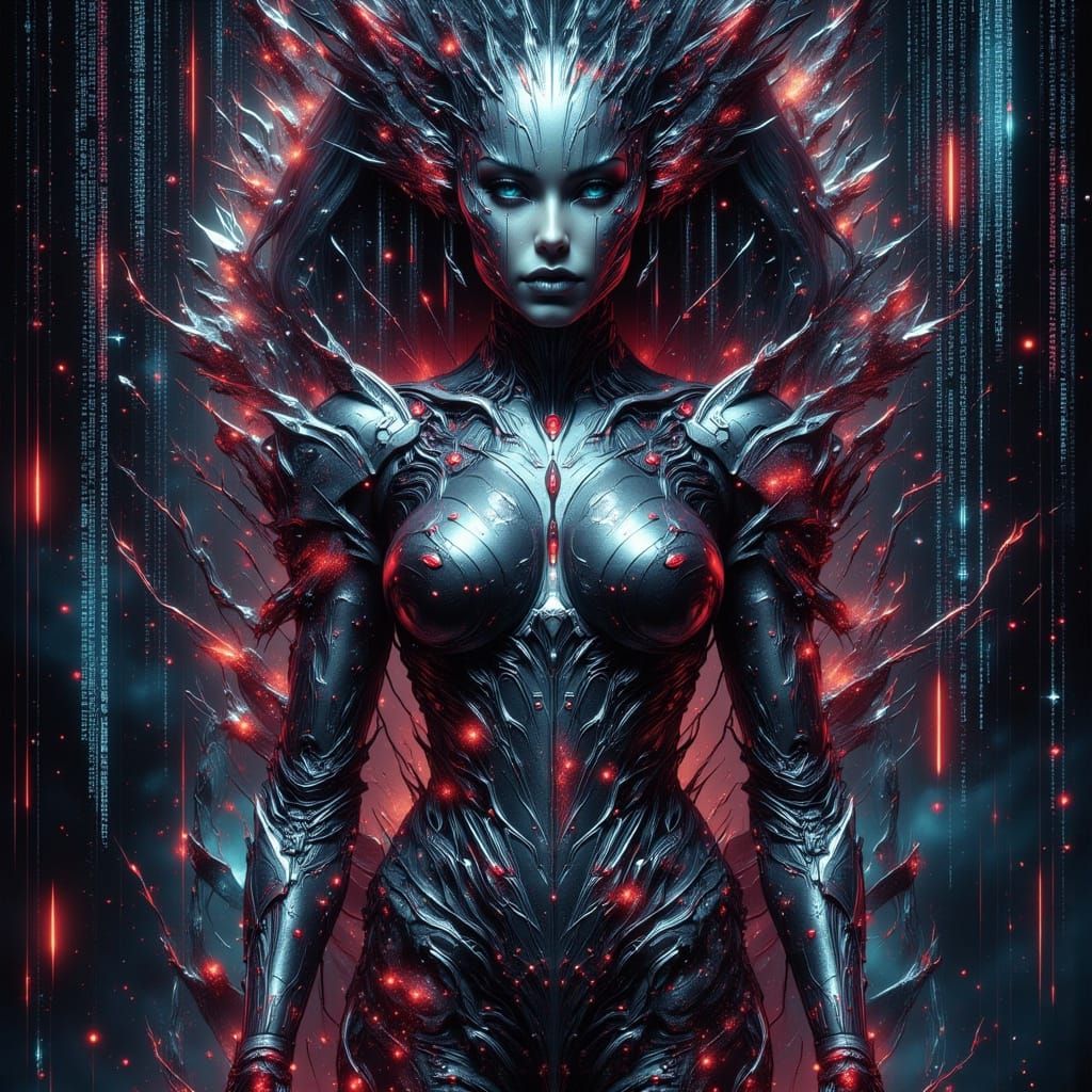 Cyborg Warrior Emerges from Digital Screen in Art Nouveau St...