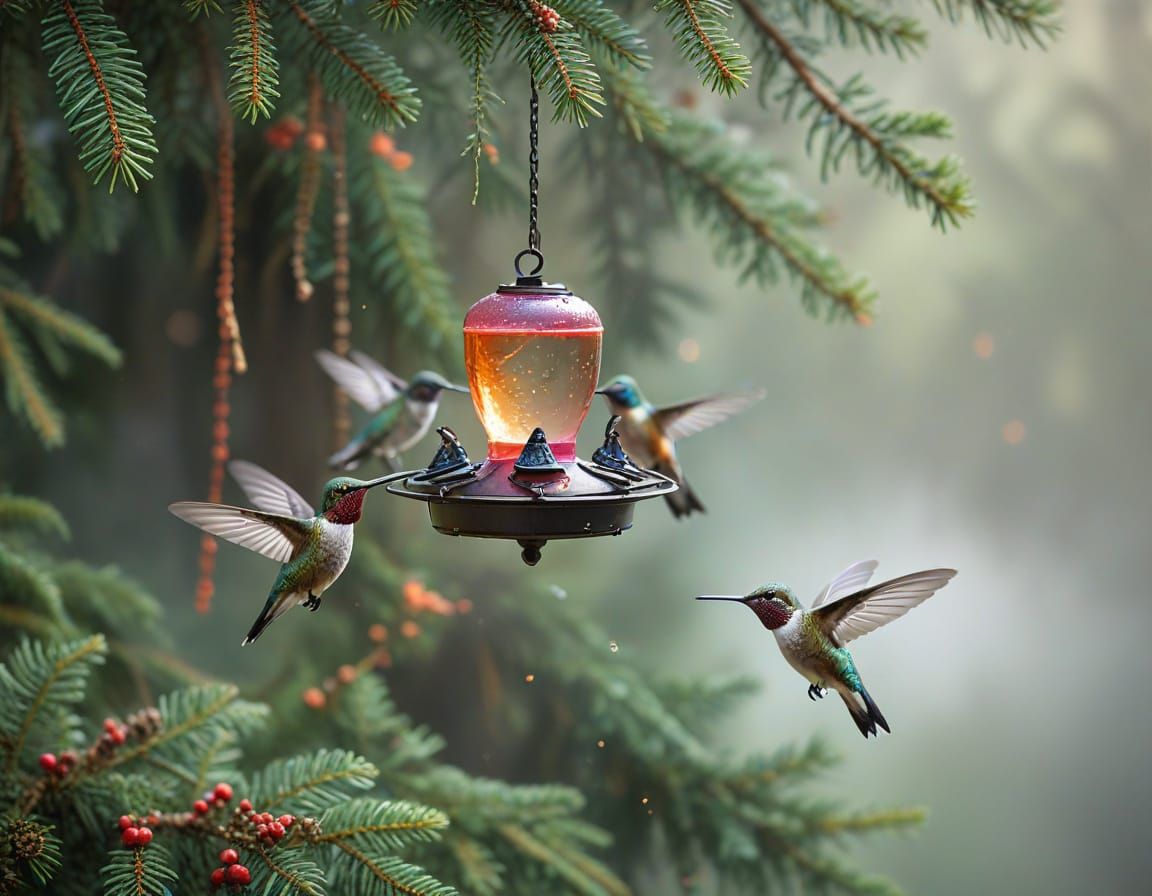 Macro Hummingbird Feeder with Birds in Forest