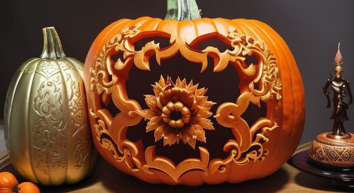 Thai Art Pumpkin Carving: Photorealistic Digital Masterpiece