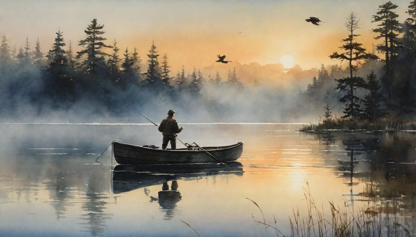 Watercolor Lake Sunrise with Fisherman and Eagle