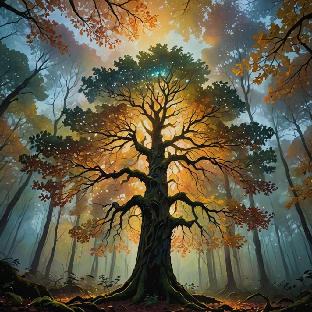 Glowing Tree in Mystical Forest: Cinematic Oil Painting