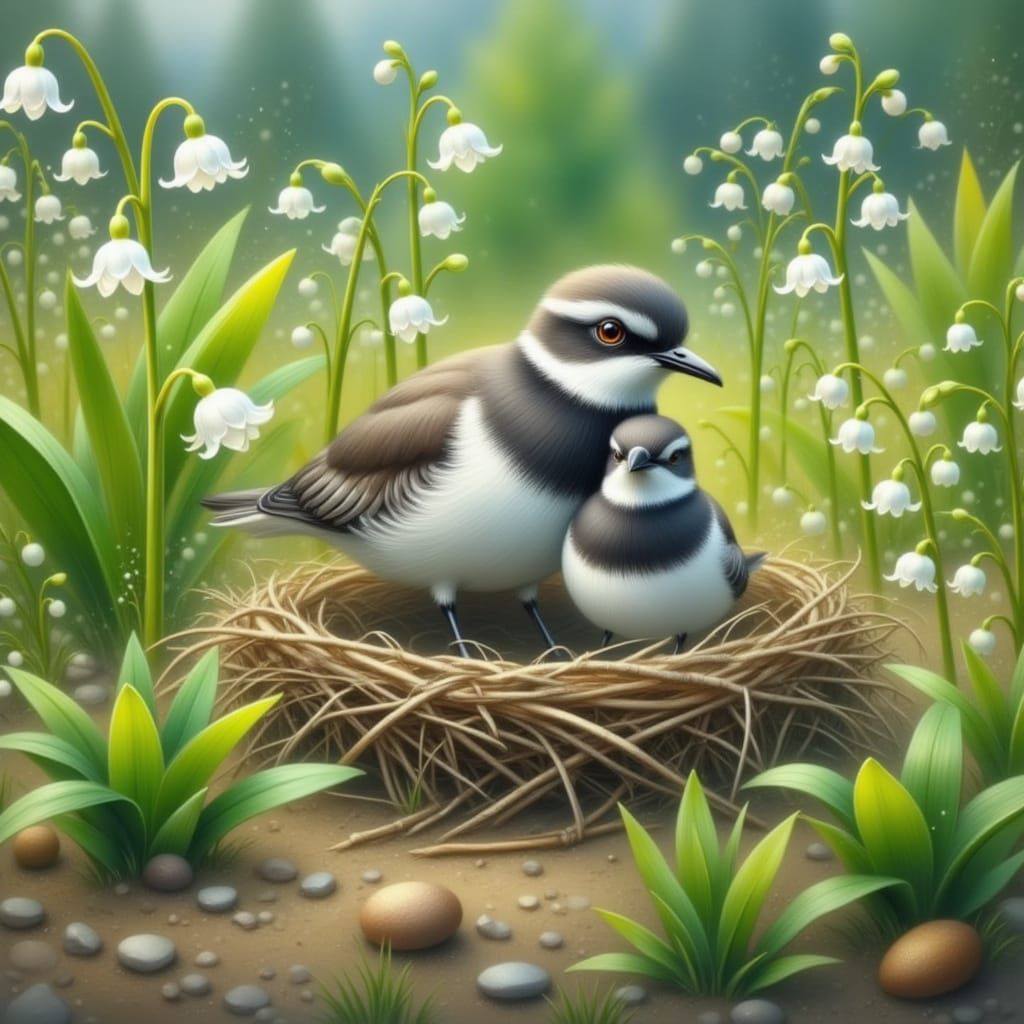 Female Killdeer Plover on Nest Among Lily of the Valley