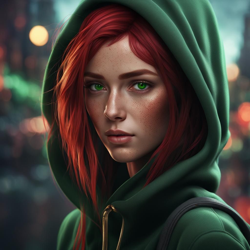 Photo Realistic Portrait of Freckled Redhead in Hoodie