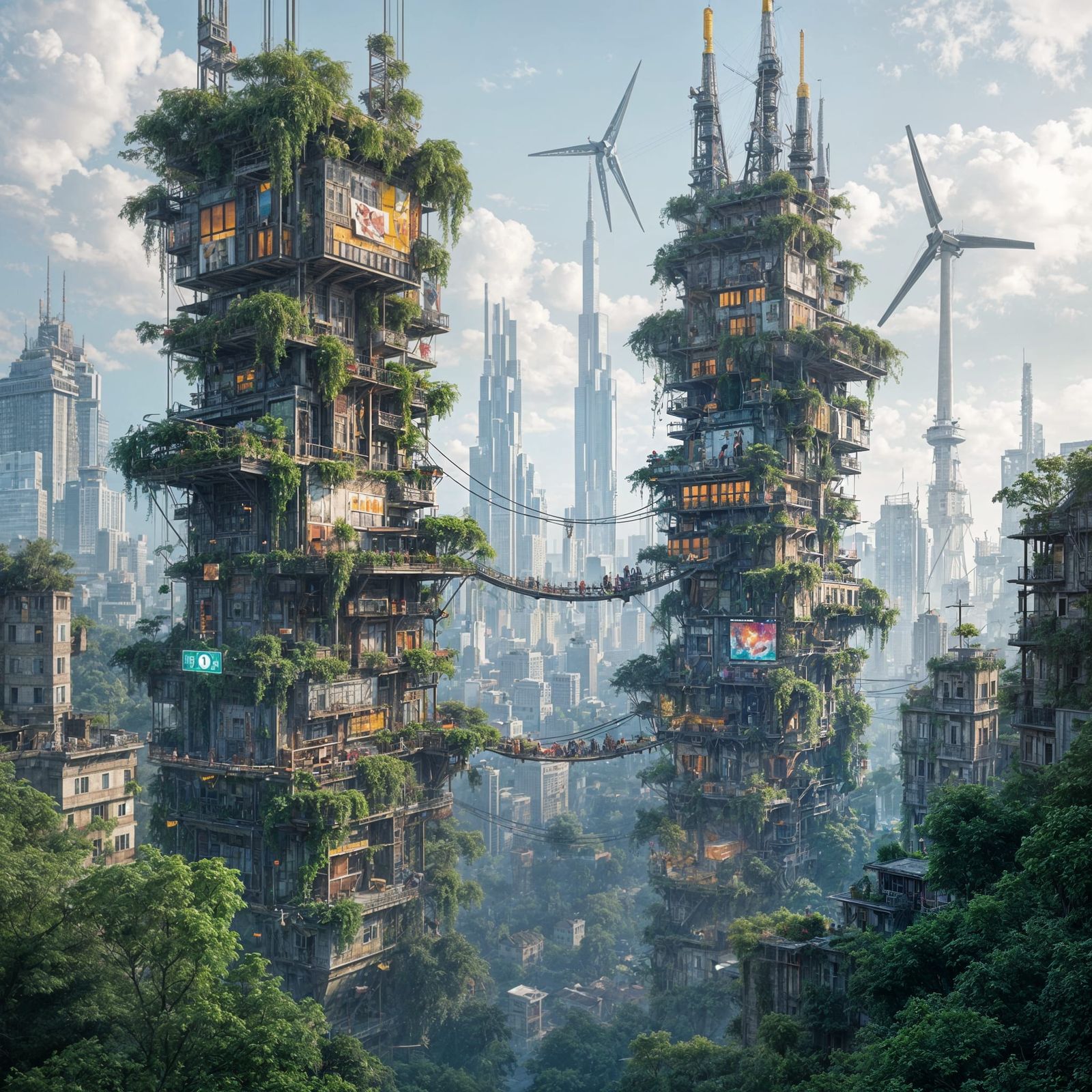 Post-Industrial City Reclaimed by Nature in Cyberpunk Style