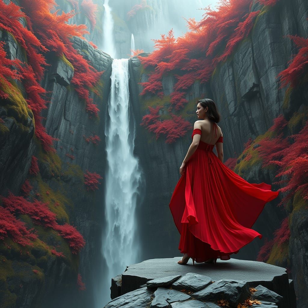 Majestic Red Dress Portrait in Autumn Landscape