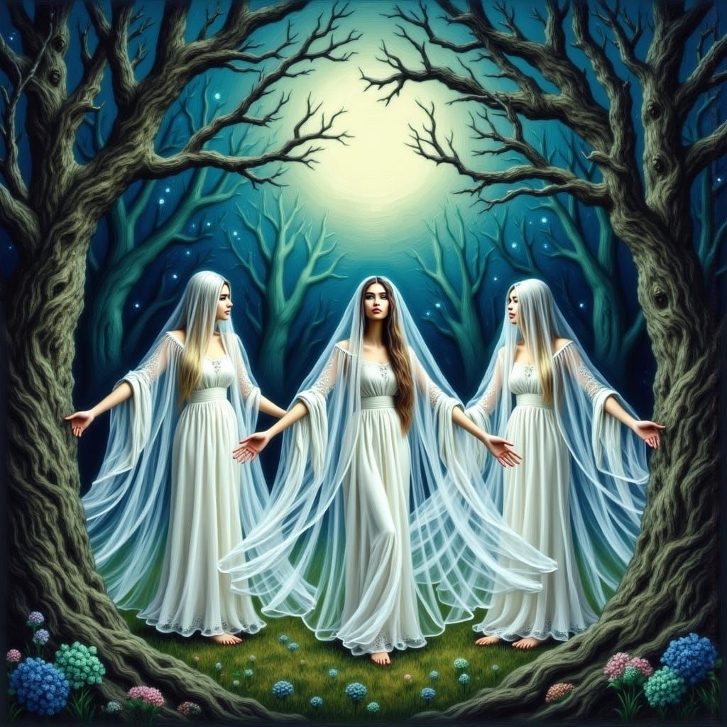 Ethereal Girls Dancing in Mystical Forest