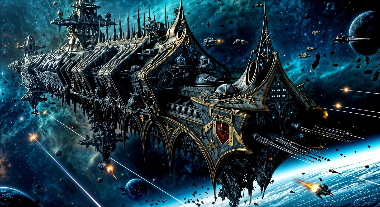 Imperial Battleship Orbiting Alien World in Gothic Sci-Fi St...