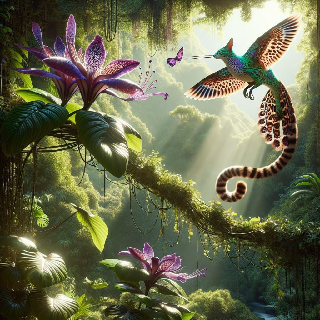 Hummingbird-Ocelot Hybrid Soaring Over Jungle in Vray Tracin...