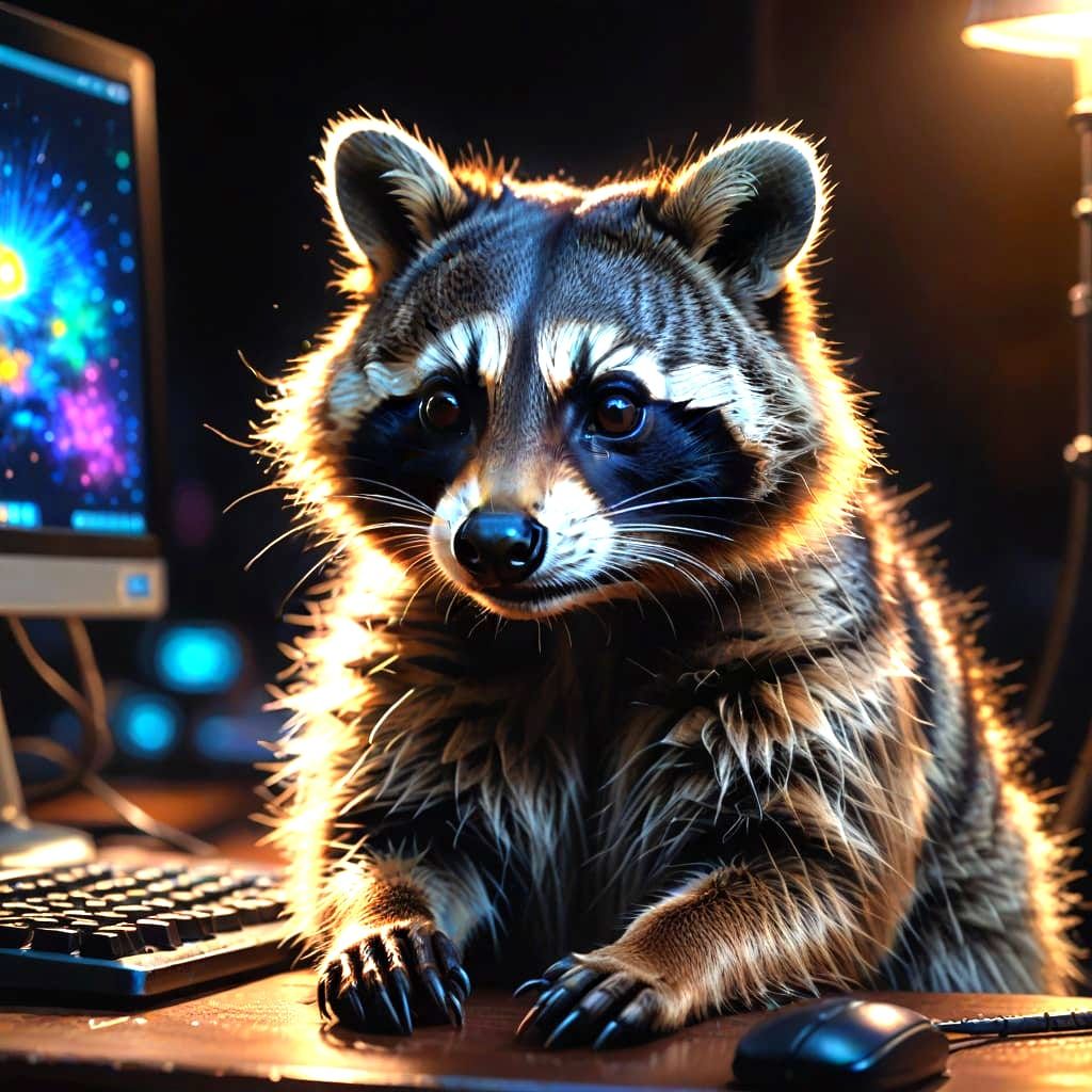 Glowing Raccoon Surfs Hyperrealistic Digital Waves