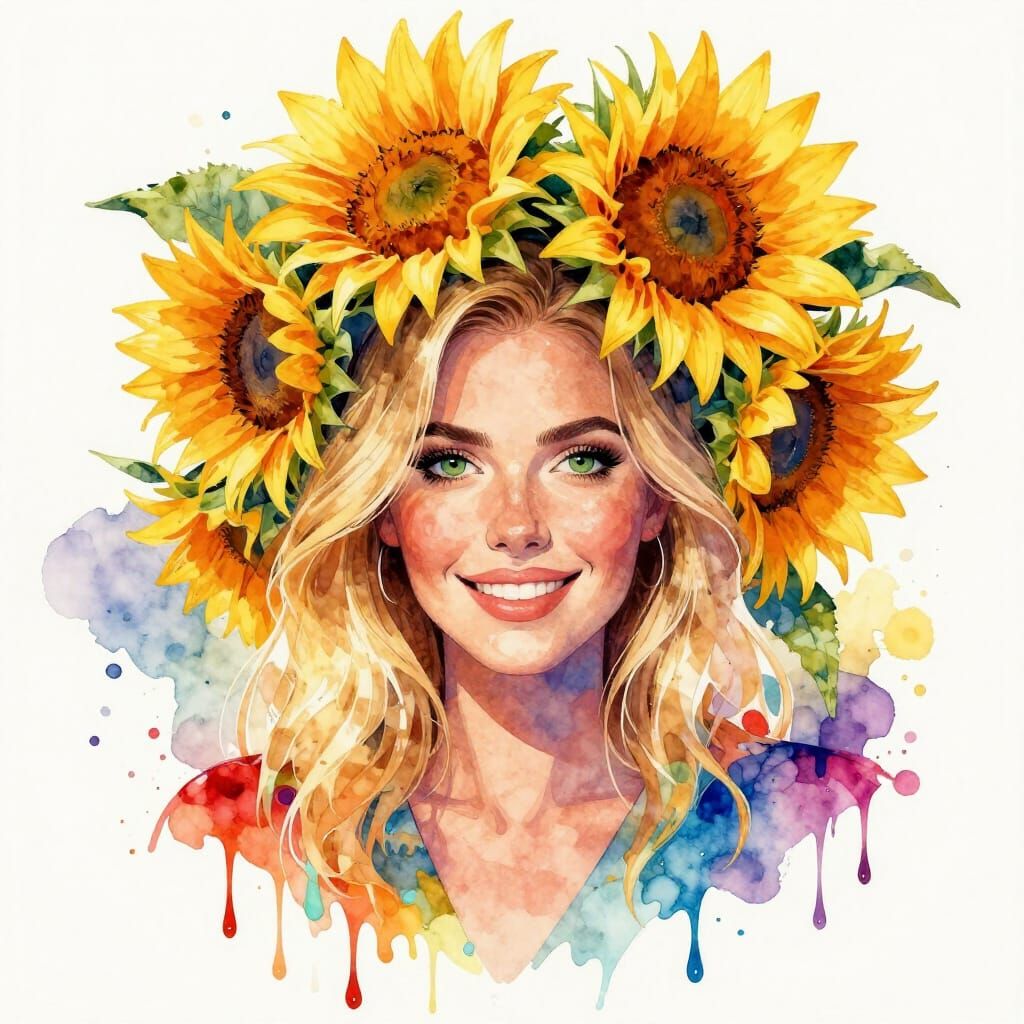 Blonde Woman with Sunflower Hair in Boho Style Art
