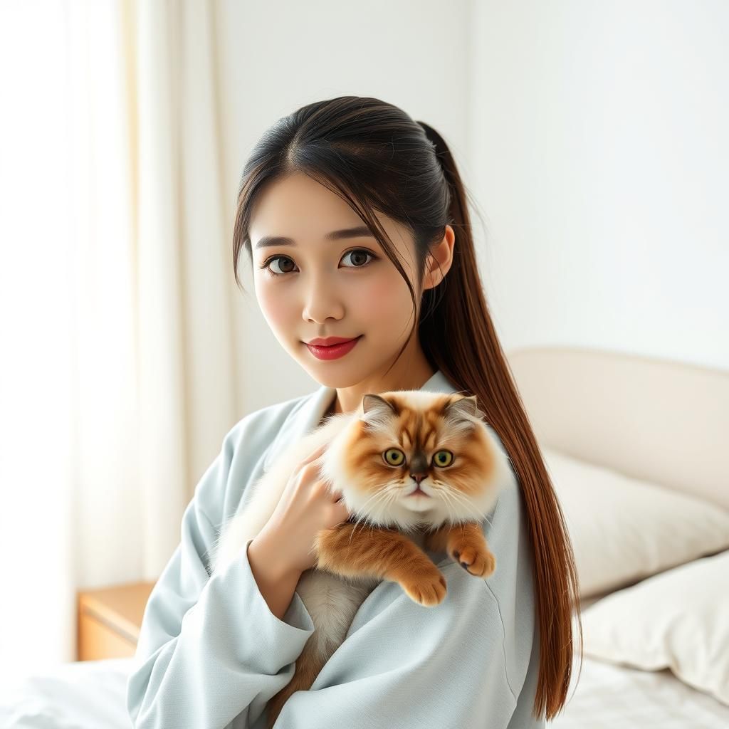 Woman with Cat in Rococo-Style Minimalist Bedroom