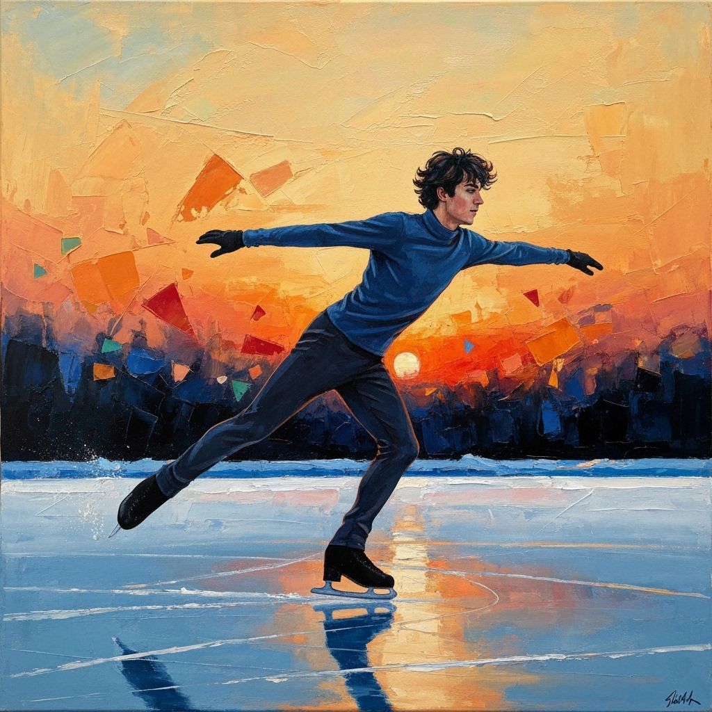 Figure Skater on Frozen Lake with Abstract Sky