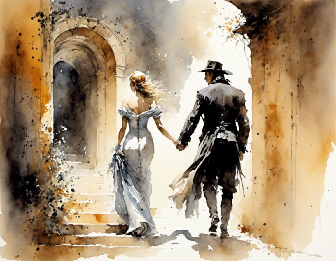 Watercolor Woman Leads Man: Luis Royo Style