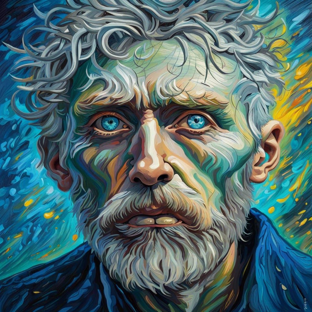 Pensive Man with Blue Eyes in Van Gogh Style