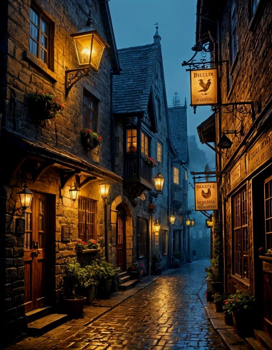 Medieval Inn Alleyway at Sunset in Dramatic Light