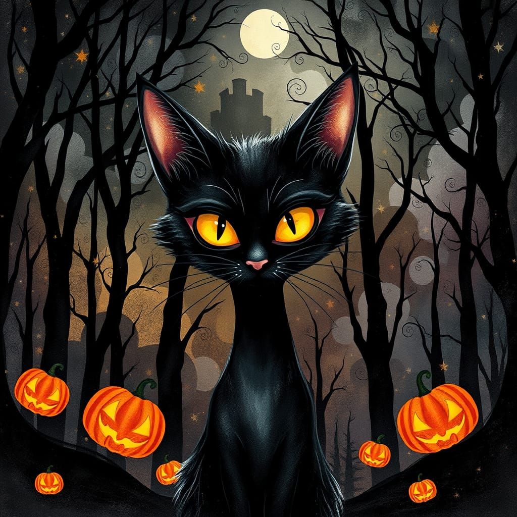 Fairytale Cat in Watercolor Halloween Landscape