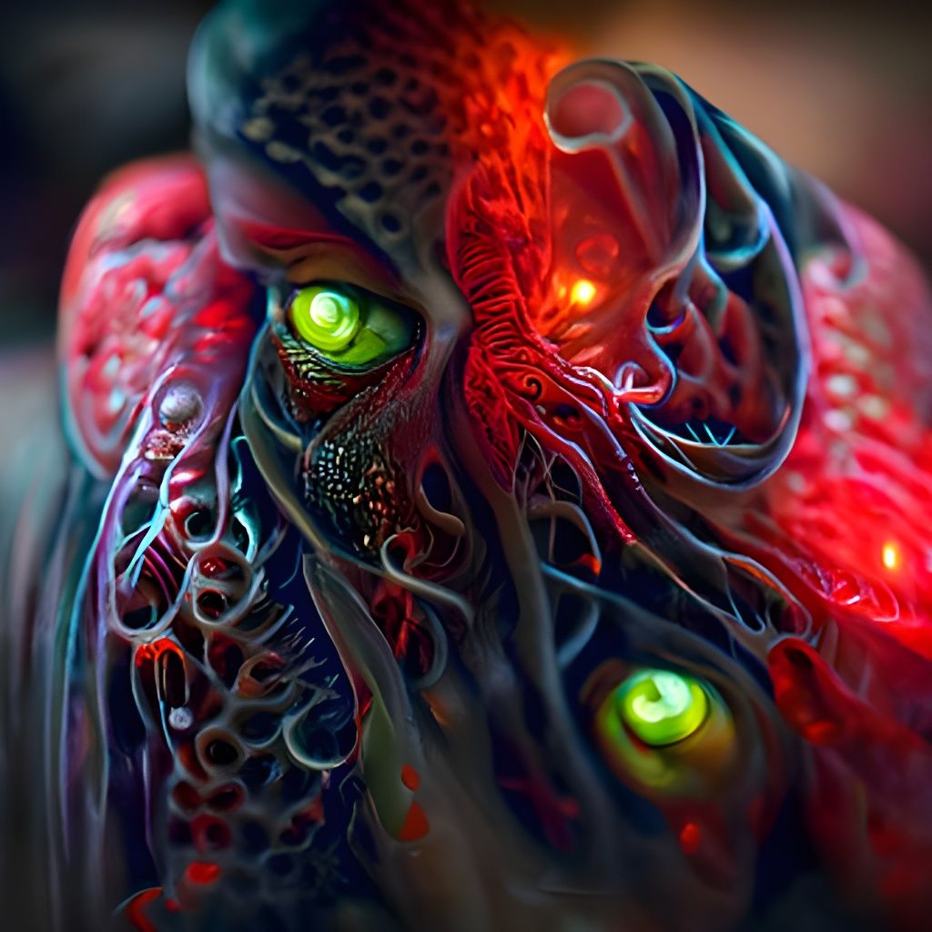 Hyperdetailed Neon Cthulhu with Glowing Red Eyes