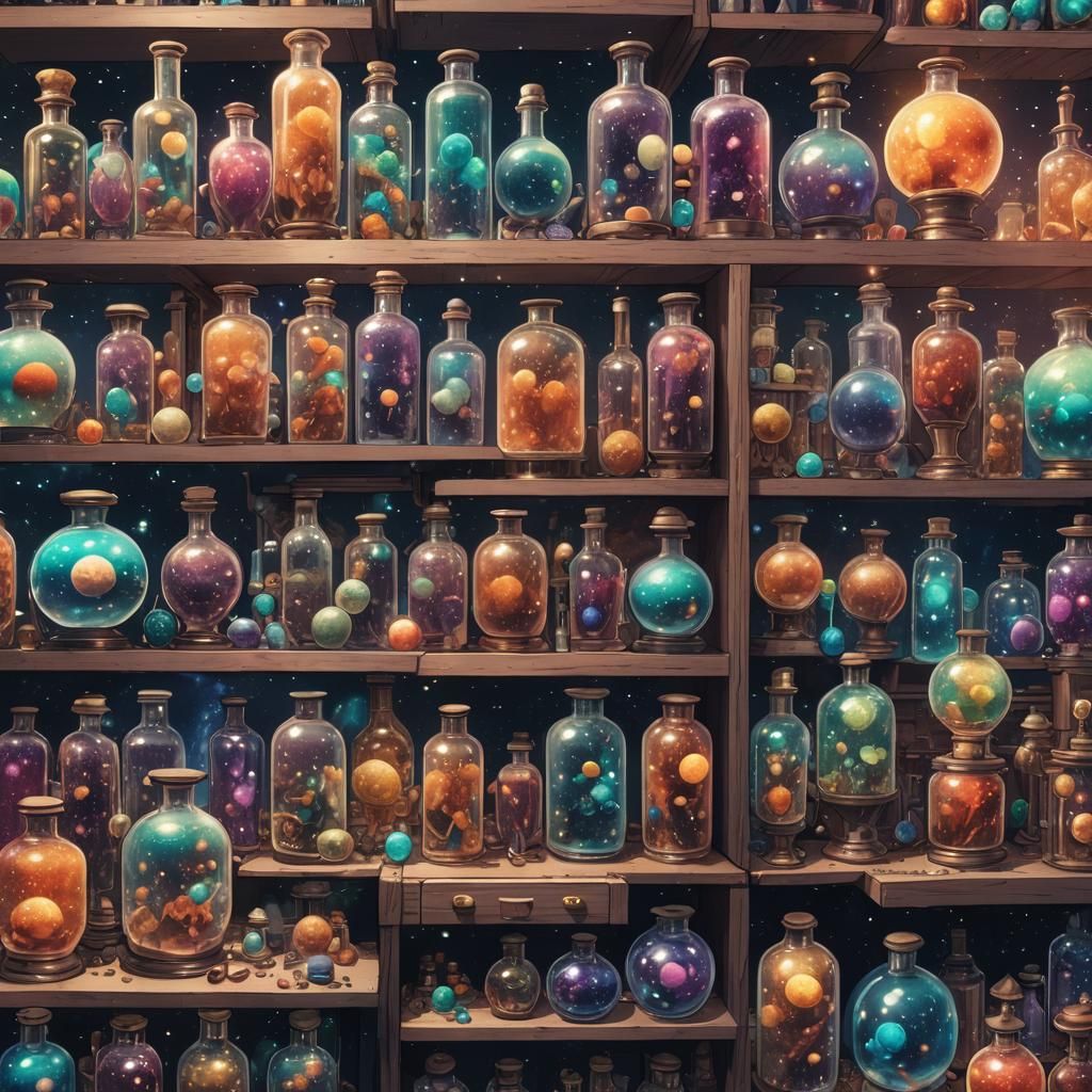 Futuristic Apothecary Cabinet of Galaxies: Anime Style