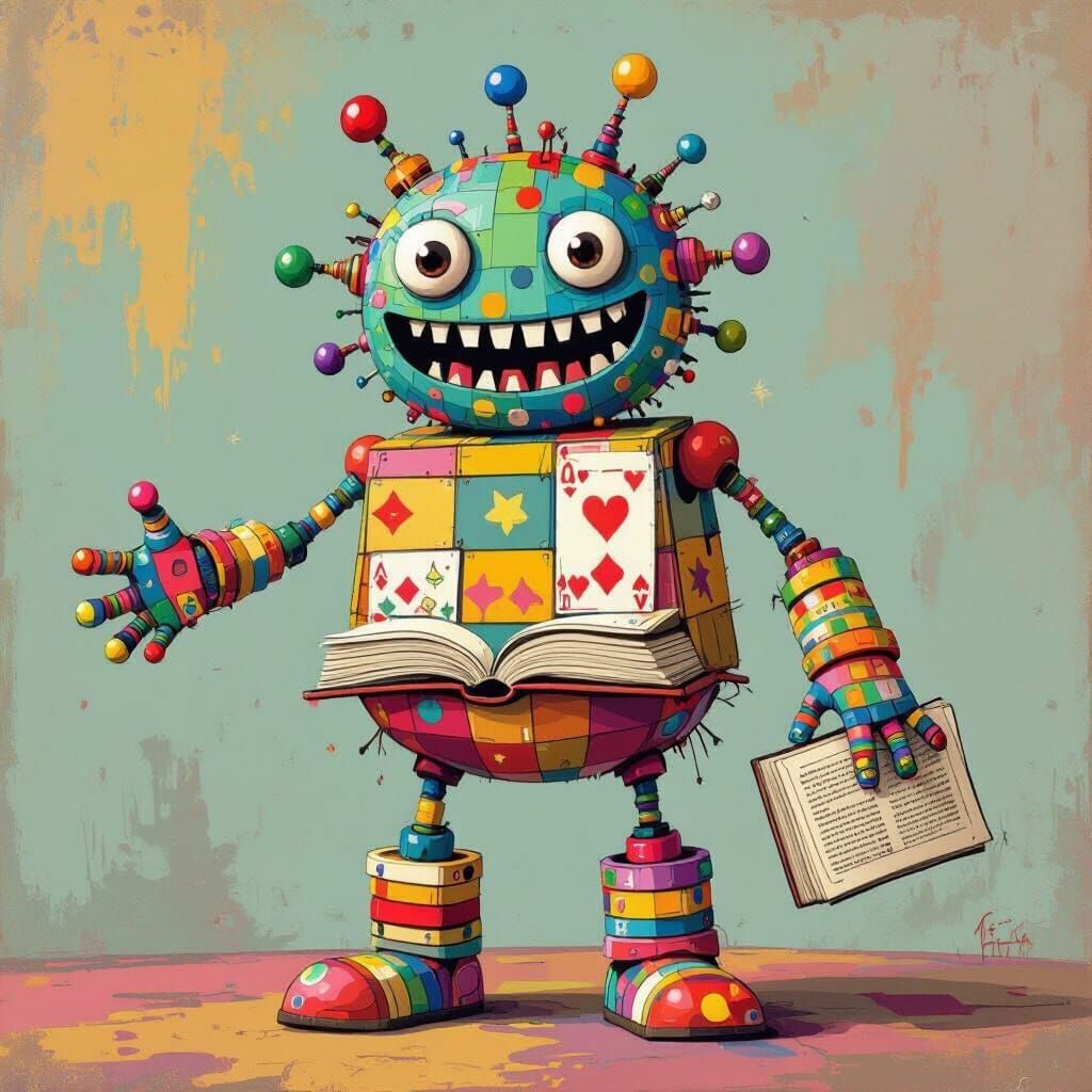 Funny Cartoon Monster Made of Toys and Books