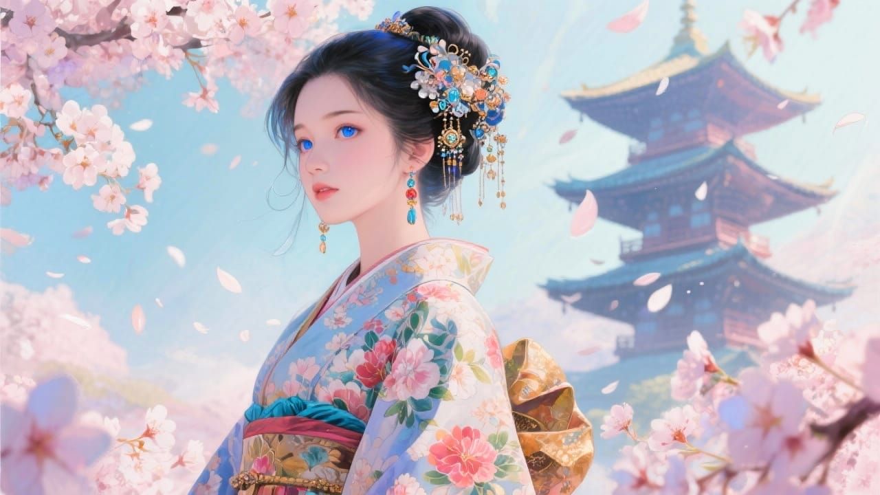Asian Inspired Fantasy Portrait With Cherry Blossoms