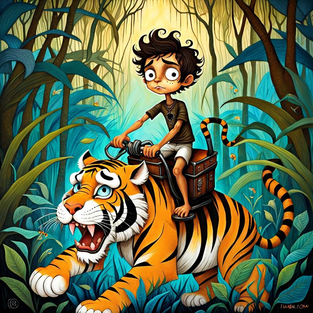 Boy on Tiger in Whimsical Surreal Jungle Art