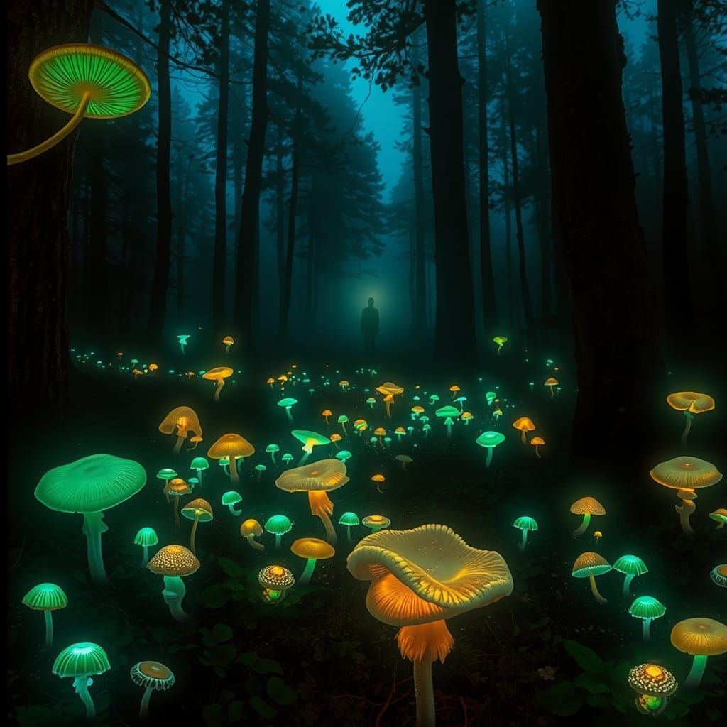 Ethereal Glowing Mushroom Forest at Dusk
