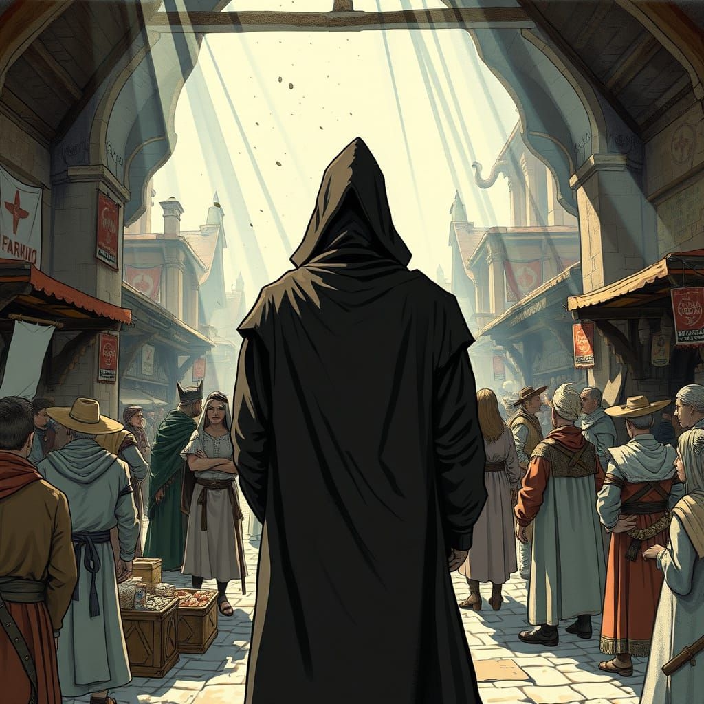 A mysterious cloaked figure in the market