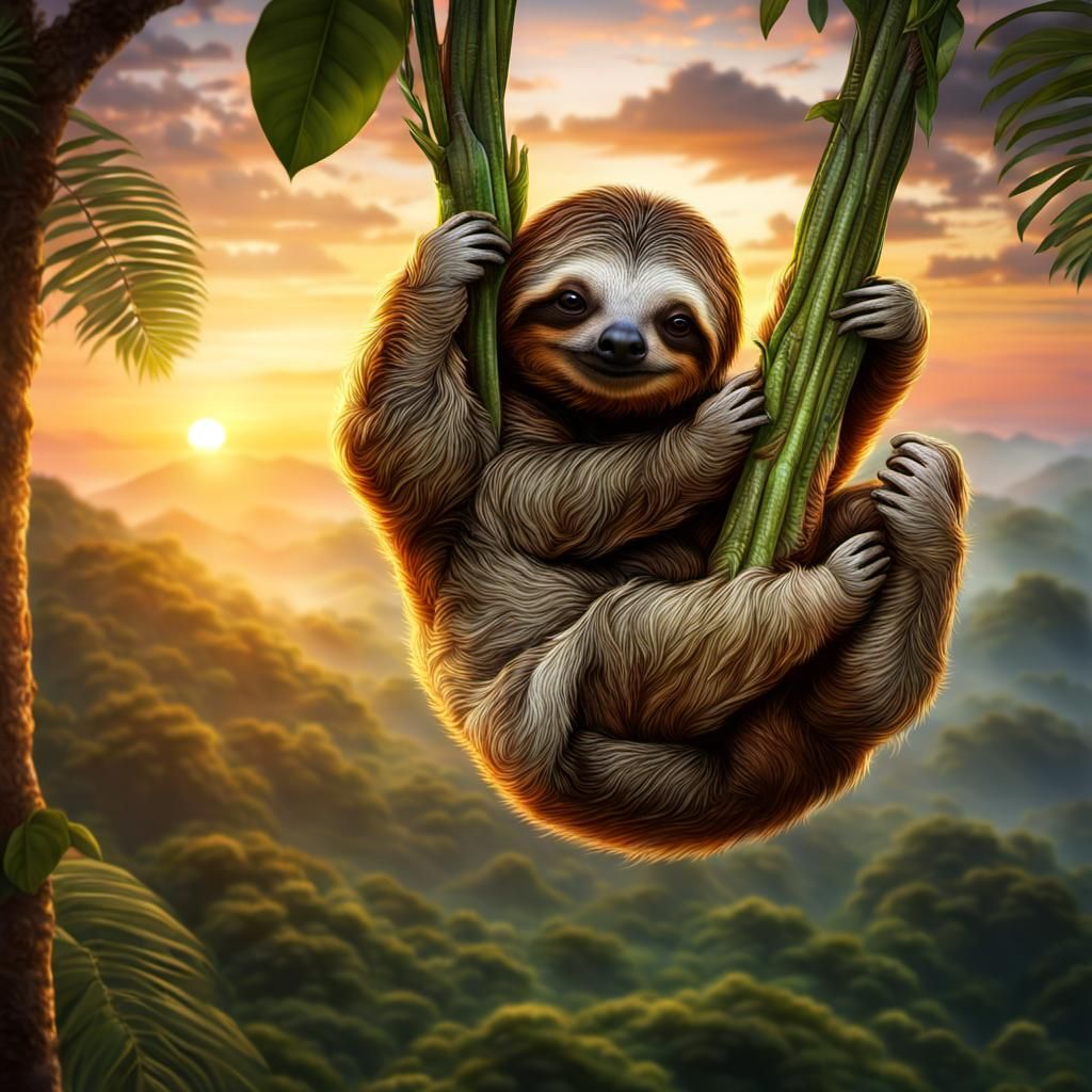 Sleeping Baby Sloth in Jungle Sunset