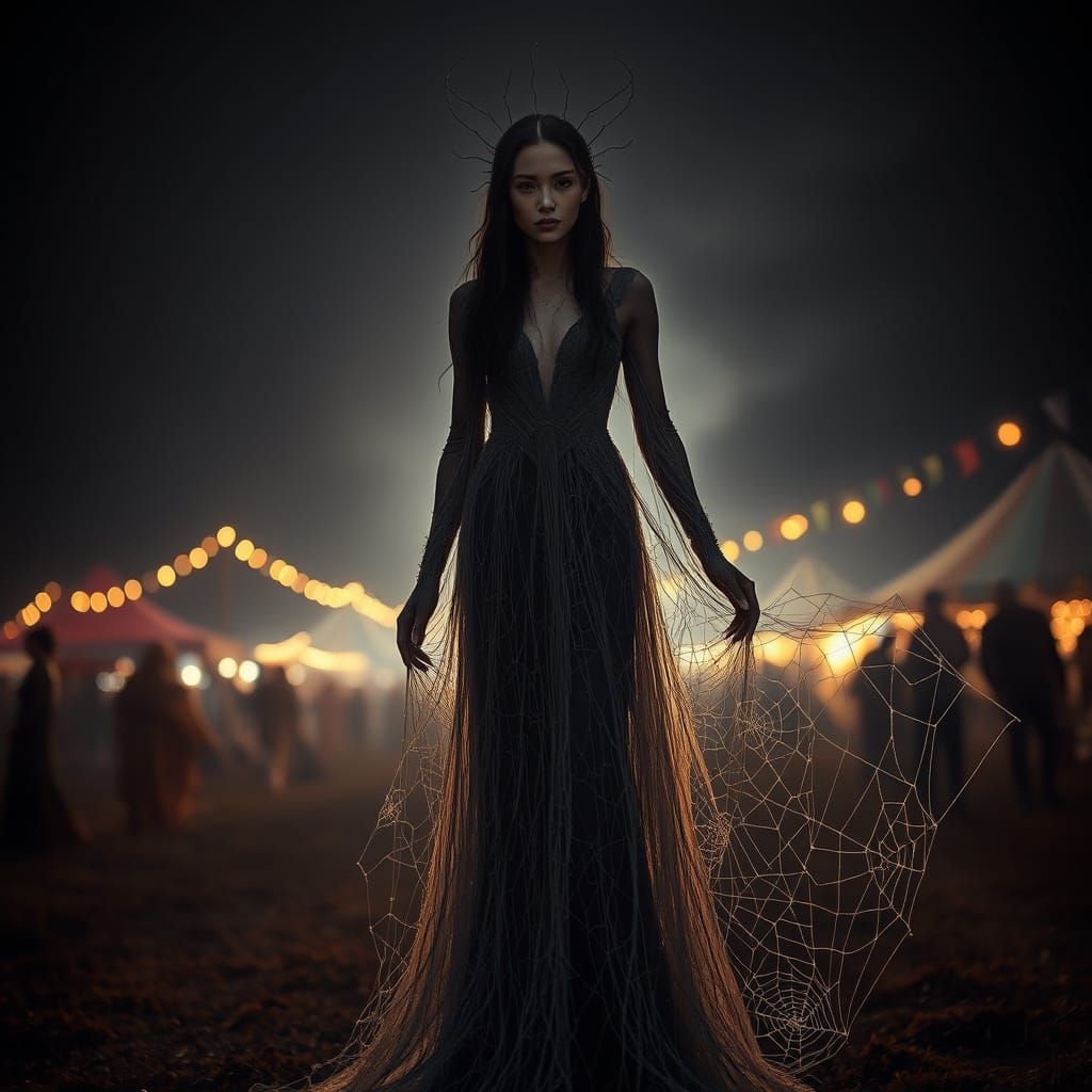 Mystical Woman in Spider Web Dress Dramatic Lighting