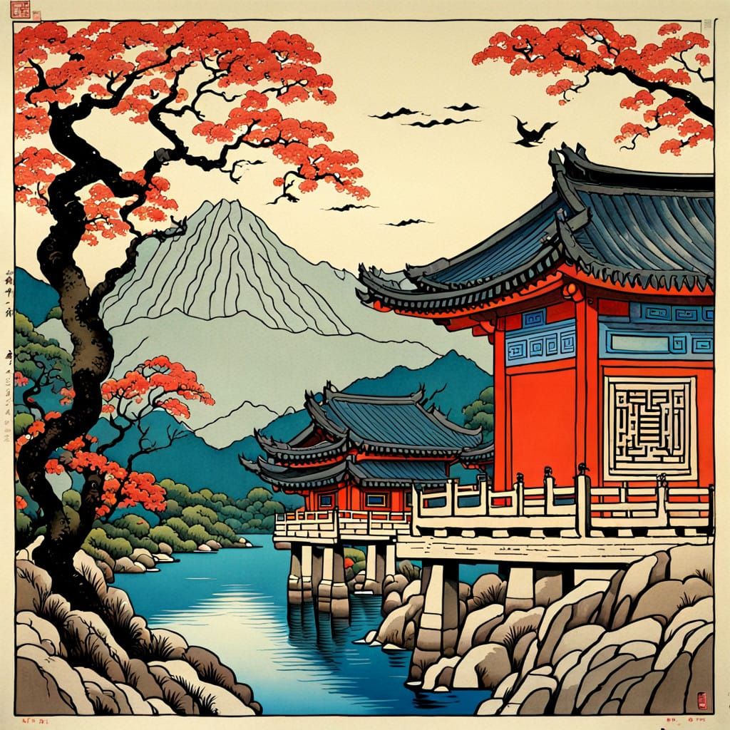 Vibrant Oriental Pop Art in Ink Drawing Style