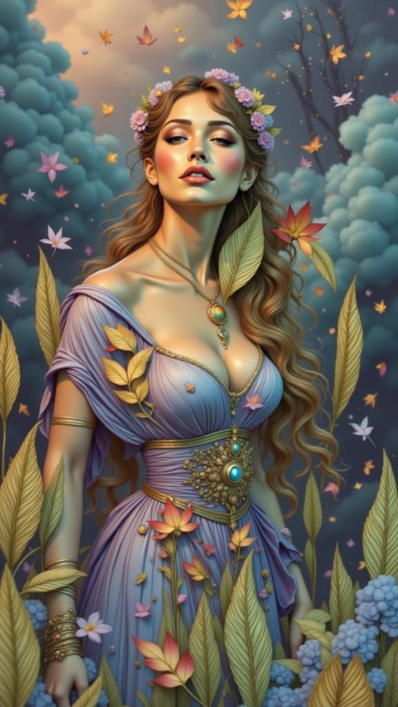 Goddess in Purple Robe with Falling Leaves in Gothic City