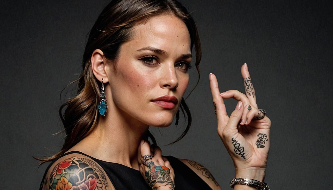 Jennifer Garner with decorative tattoos, posing against a black background