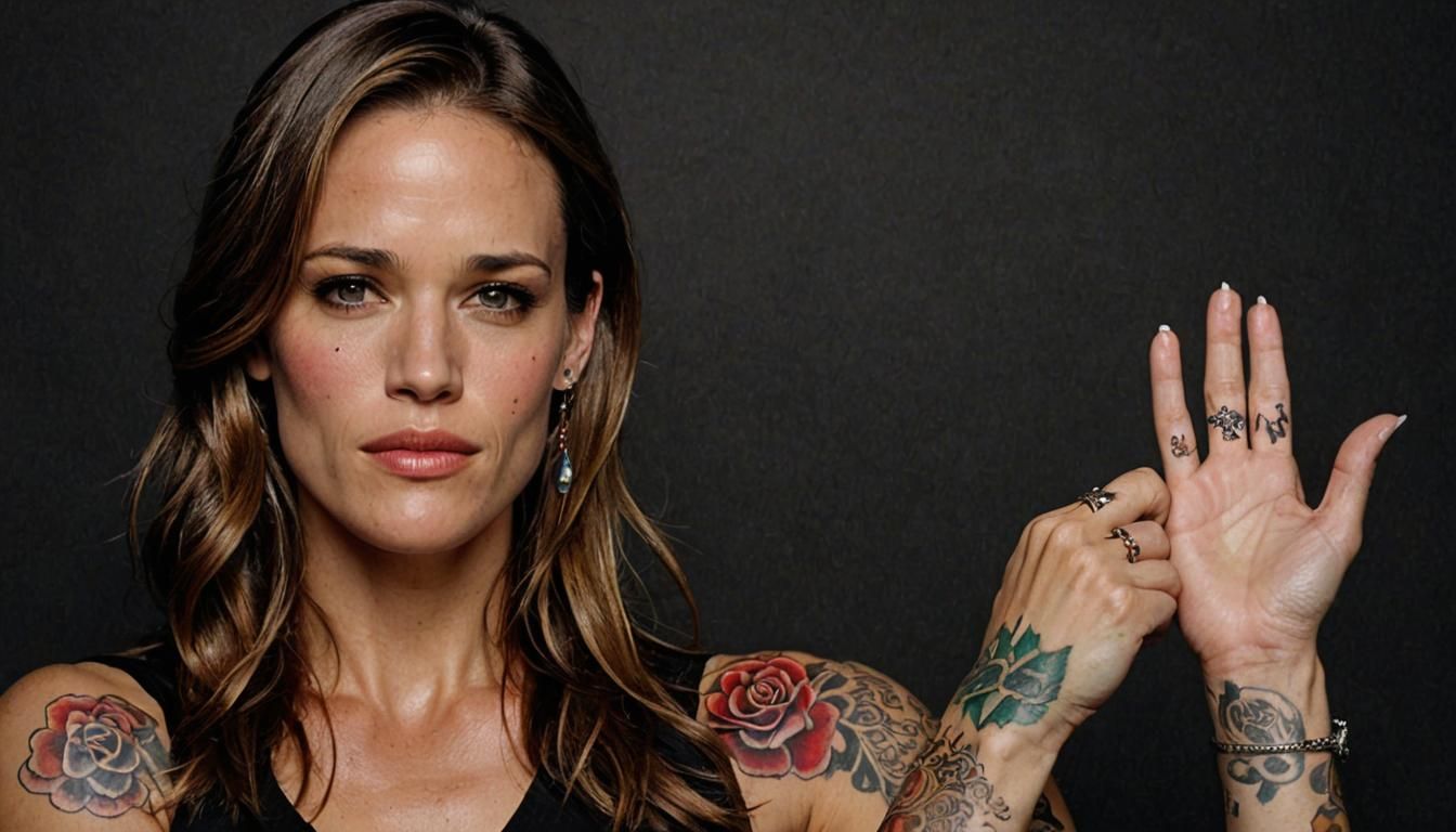 Jennifer Garner with decorative tattoos, posing against a black background