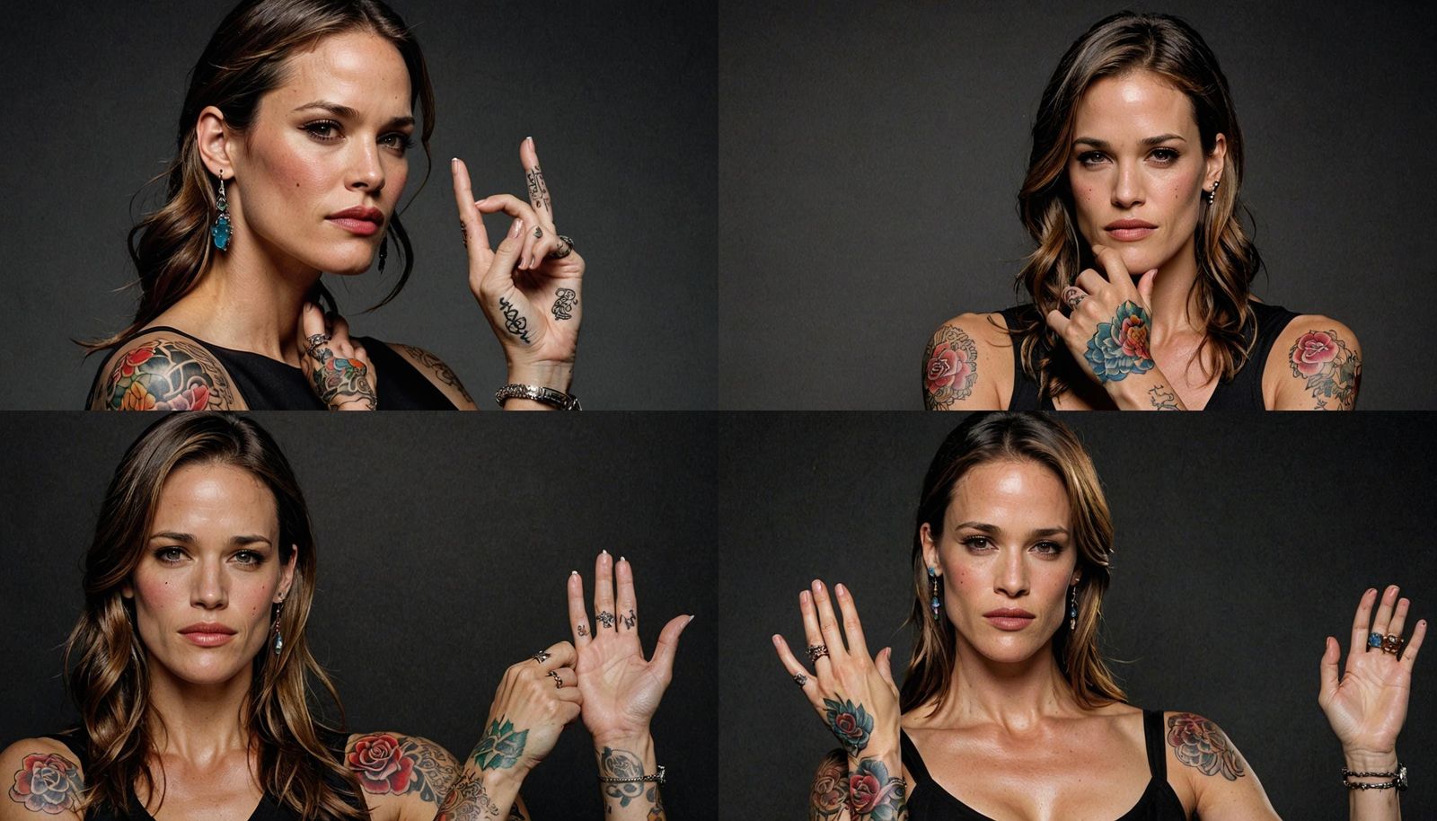 Jennifer Garner with decorative tattoos, posing against a bl...
