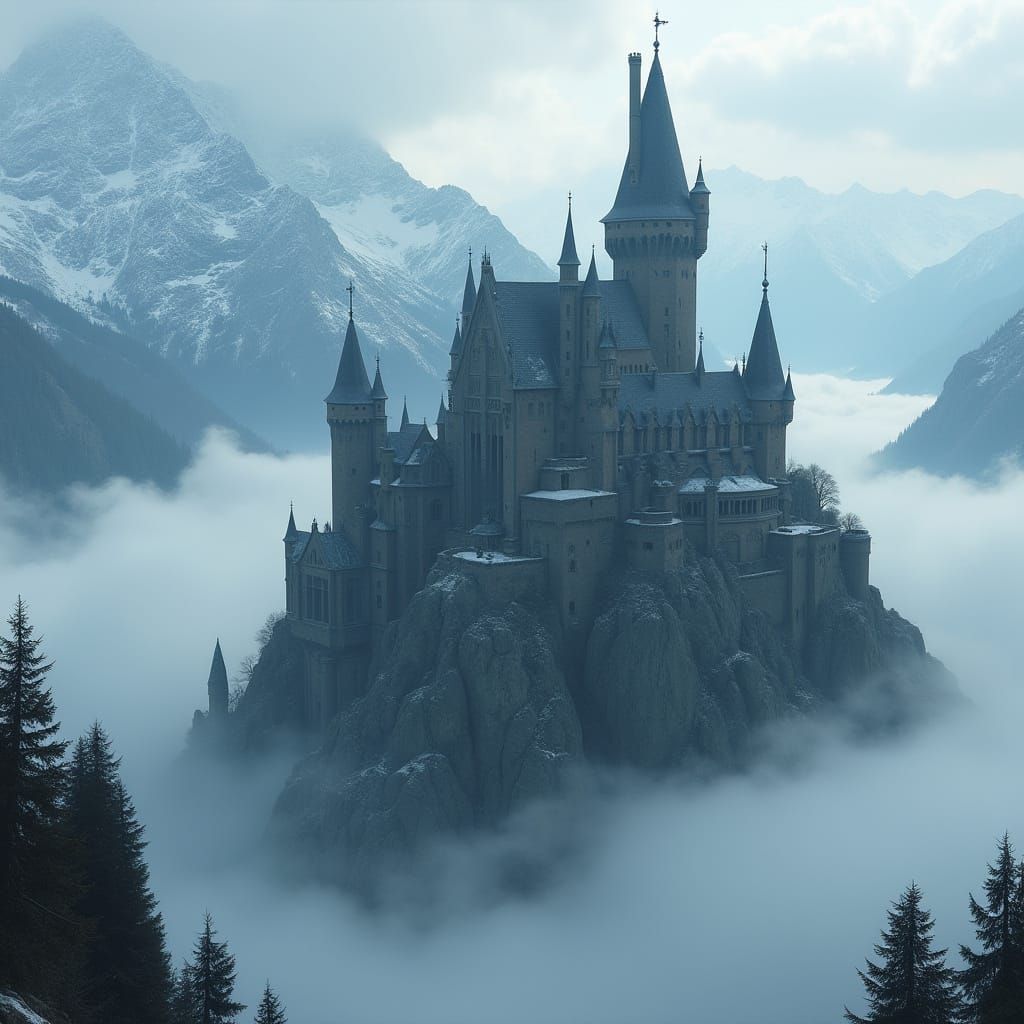 Mystical Dark Castle in Snow-Capped Mountains