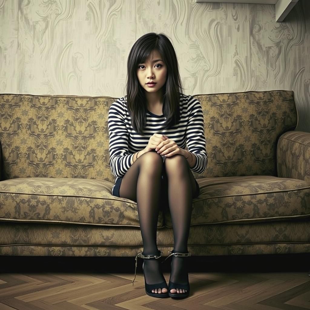 Woman in Striped Shirt and Shackles: Fine Art Photo