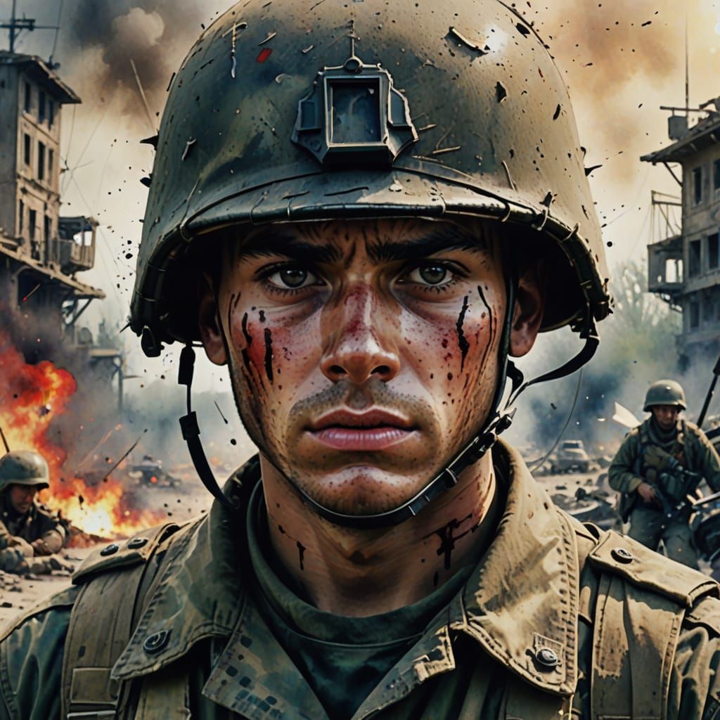 Soldier's Fearful Gaze in War-Torn Battlefield
