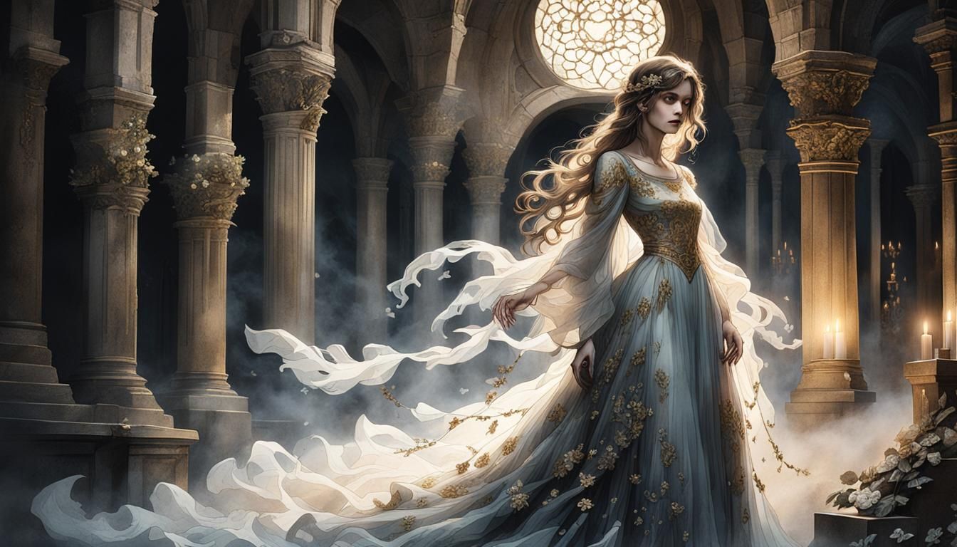Elegant Woman in Crypt with Eerie Shadows