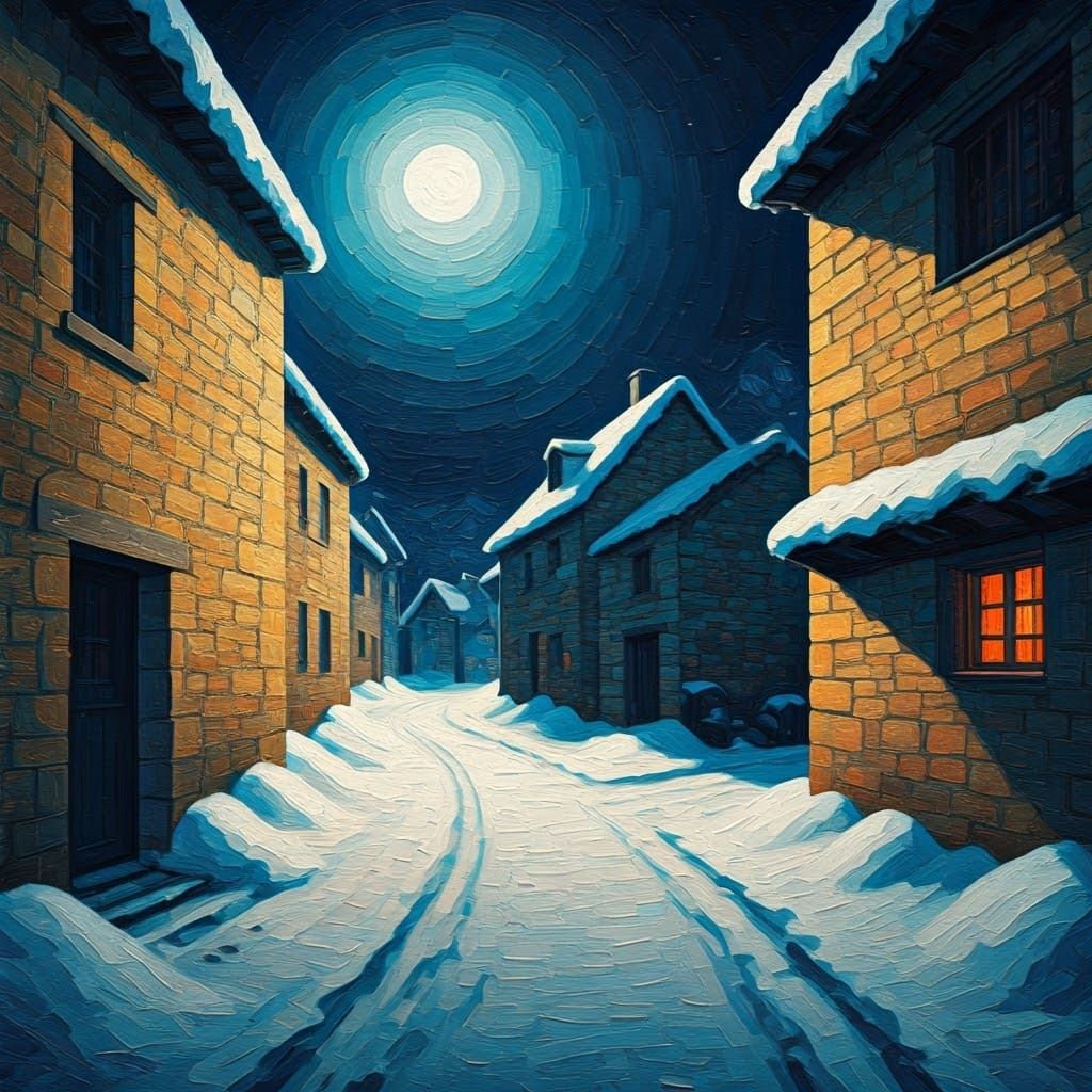 Serene Post-Impressionist Village Under the Silvery Moon