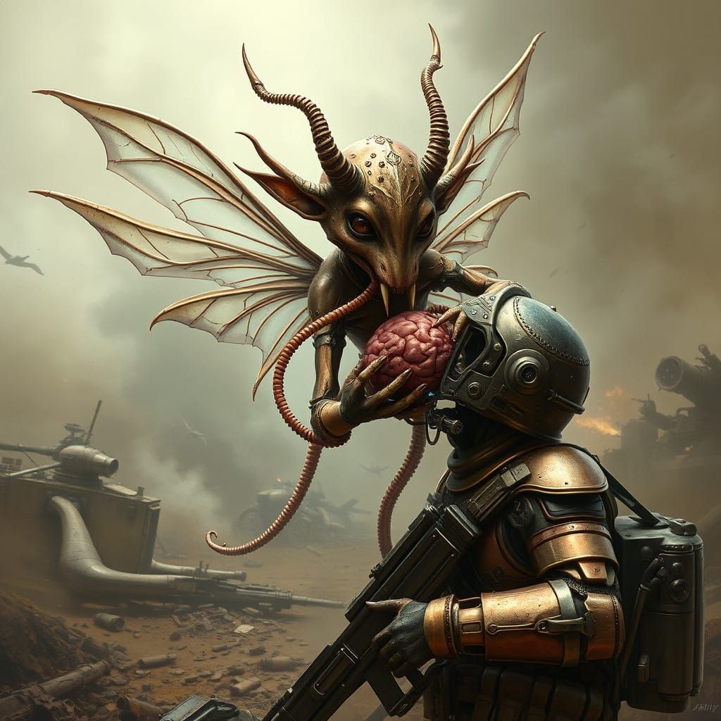 bio-mechanical demon sucking the brain out of an enemy soldi...