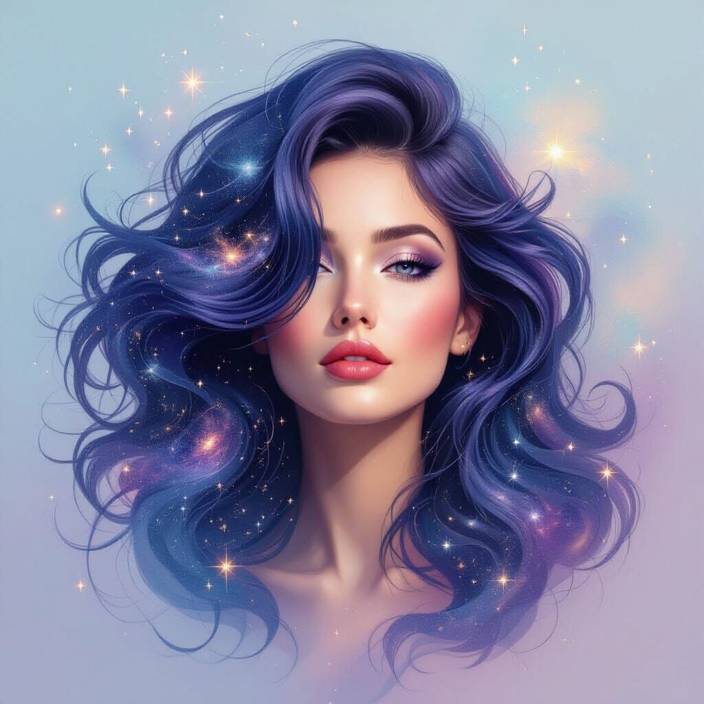 Cosmic Woman: Surreal Galaxy Hair in Airbrush Style