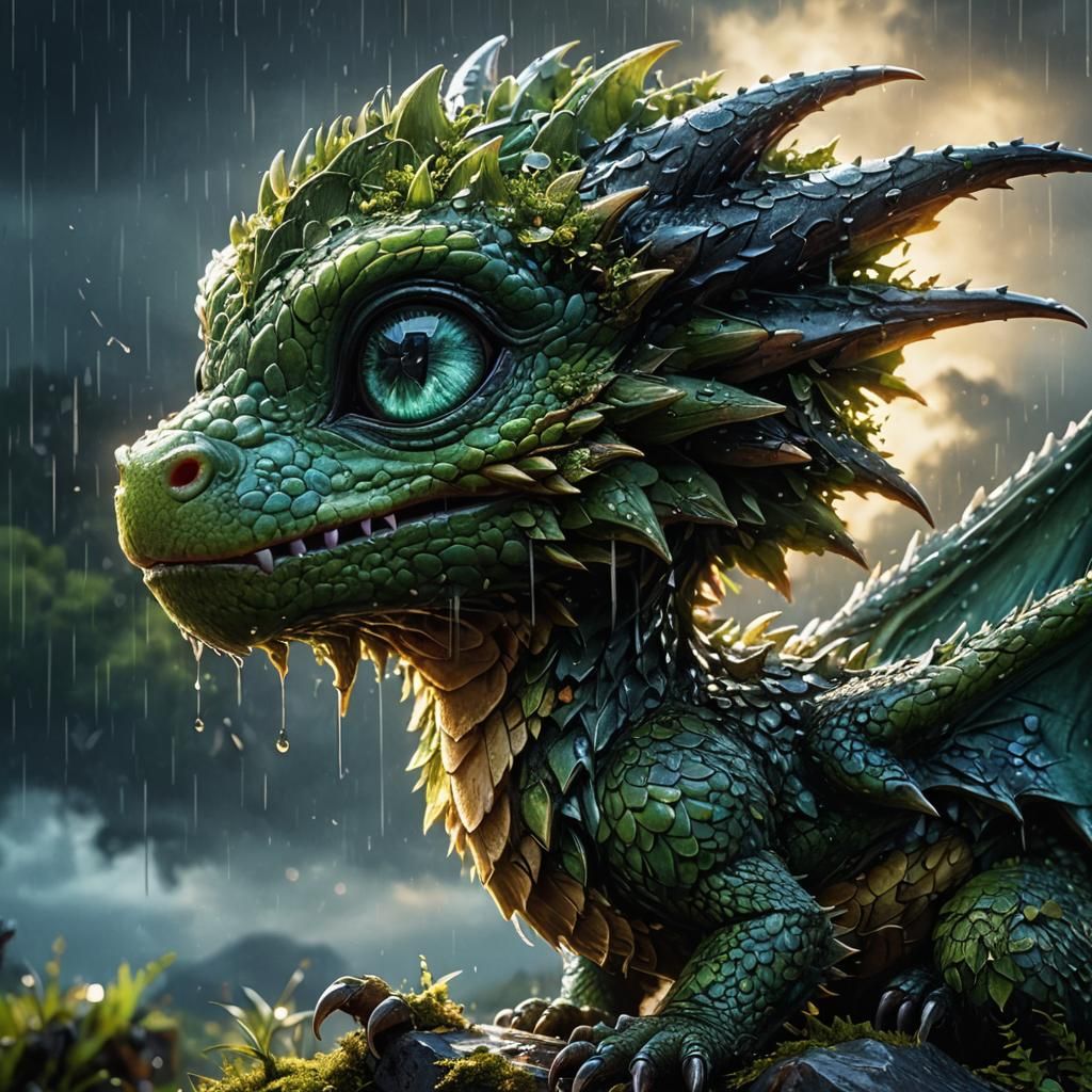 Chibi Moss Dragon in Stormy Weather
