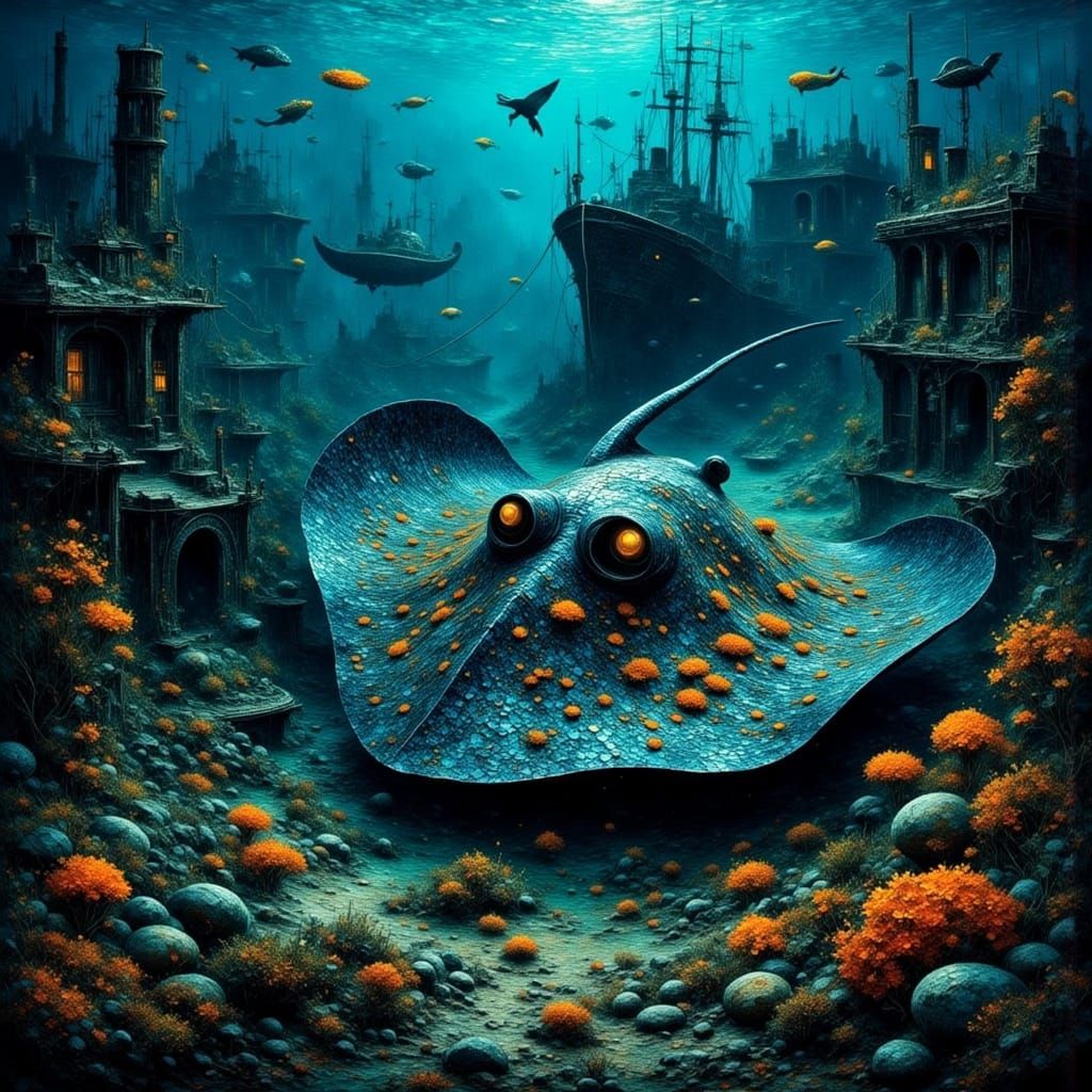Glowing Stingray Amidst Shipwreck Ruins